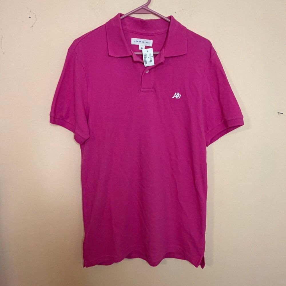 NWT Aeropostale Men Solid A87 logo Pique Polo Shirt Pink  size medium